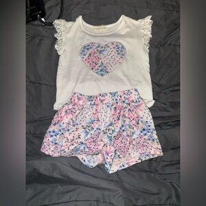 White & Pink Floral Kids Matching Set - Heart Tee & Shorts